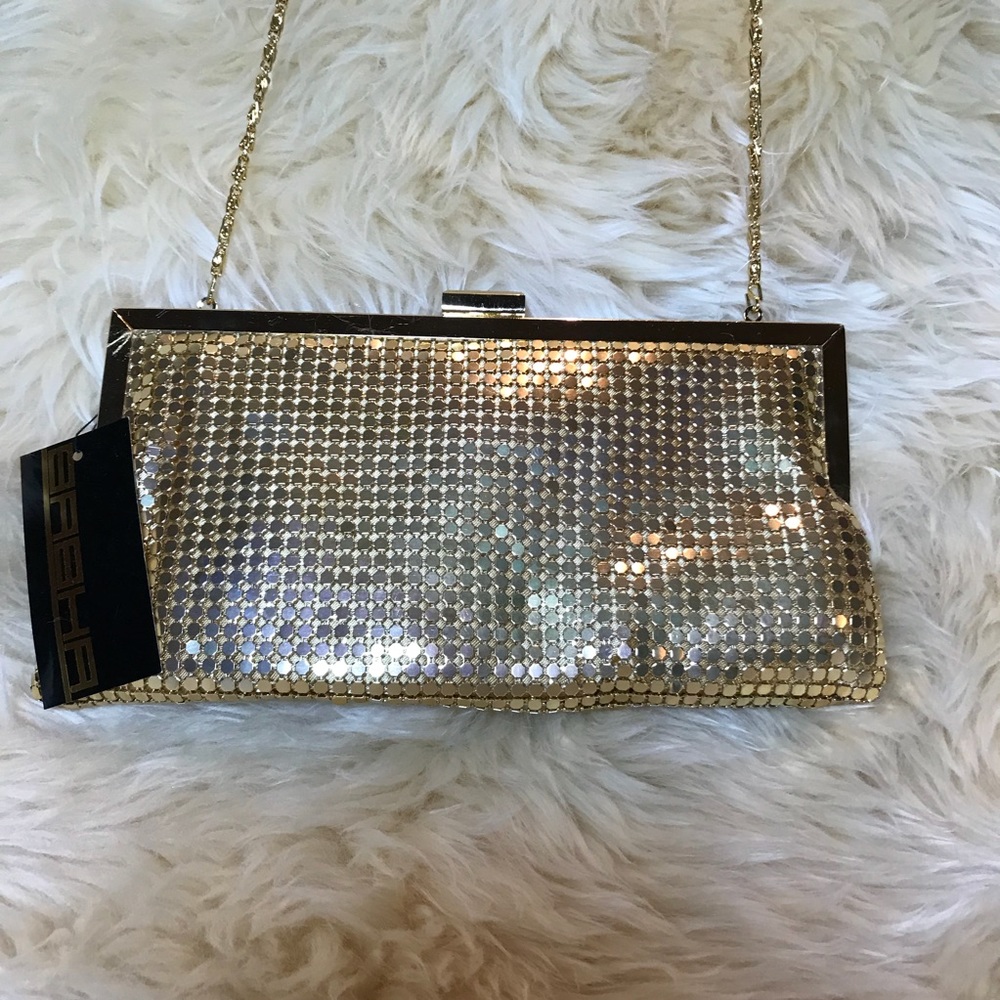 Gold mesh evening bag with shoulder strap